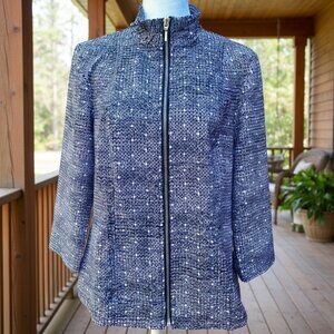 Weekends Chico’s Geometric Print Zip Jacket Top Ruched Collar Lightweight (Sz 0)